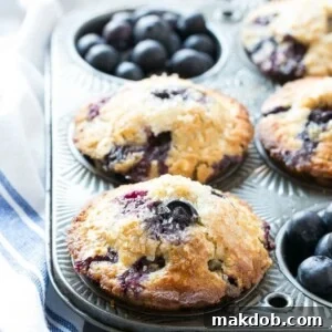 Wholesome healthy blueberry muffins baked in a muffin tin, garnished with fresh blueberries.