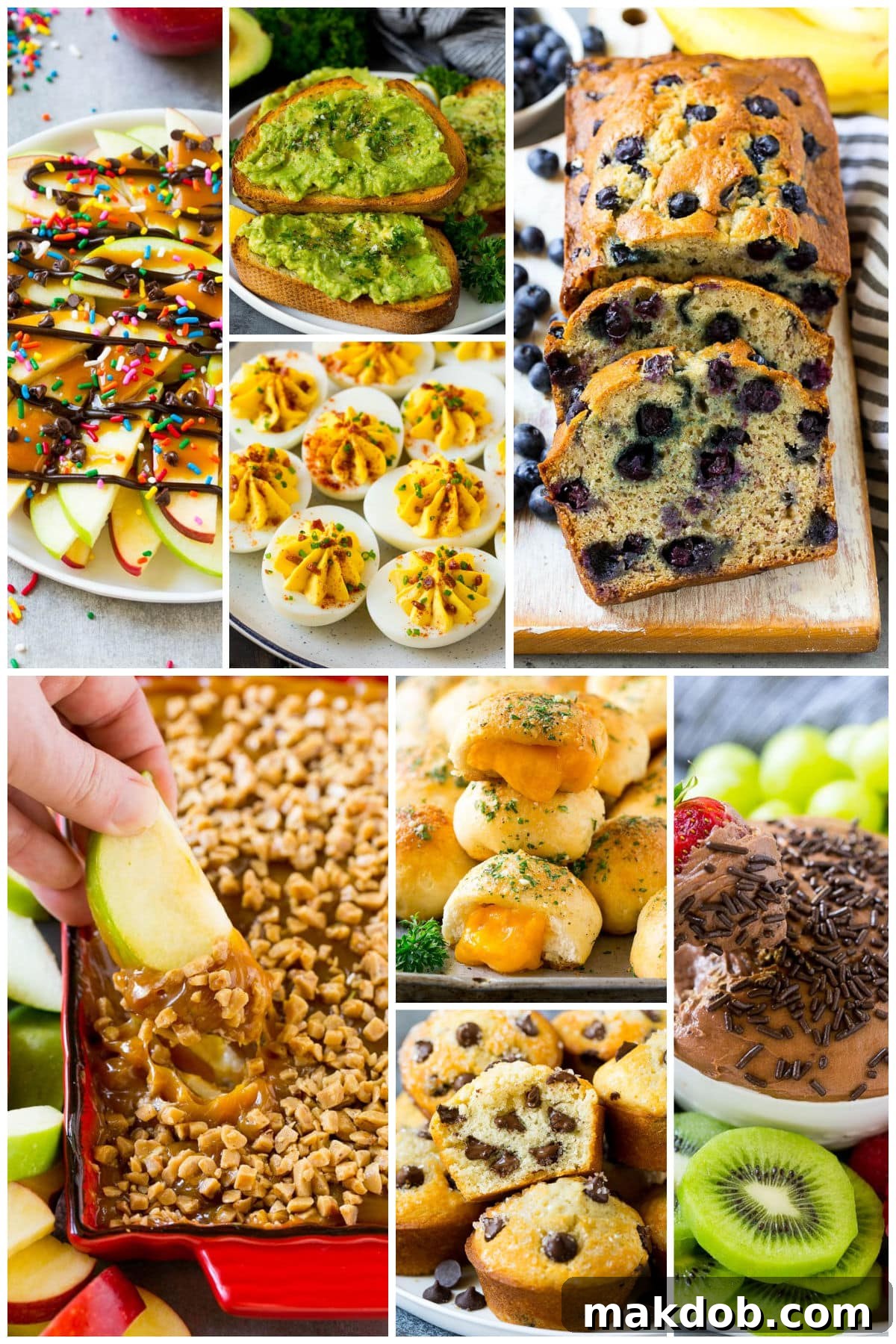 A collage of quick and easy after school snacks, featuring bacon deviled eggs, caramel apple dip, and healthy muffins.