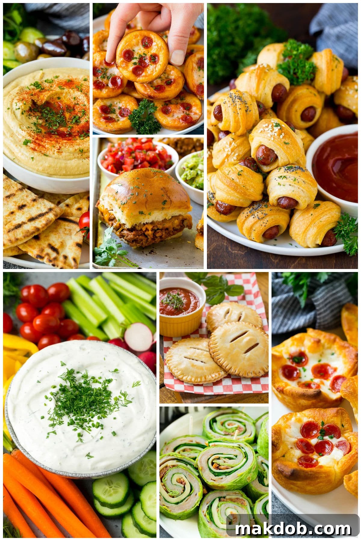 A group of appetizing after school snacks, including savory pigs in a blanket and a fresh veggie dip.