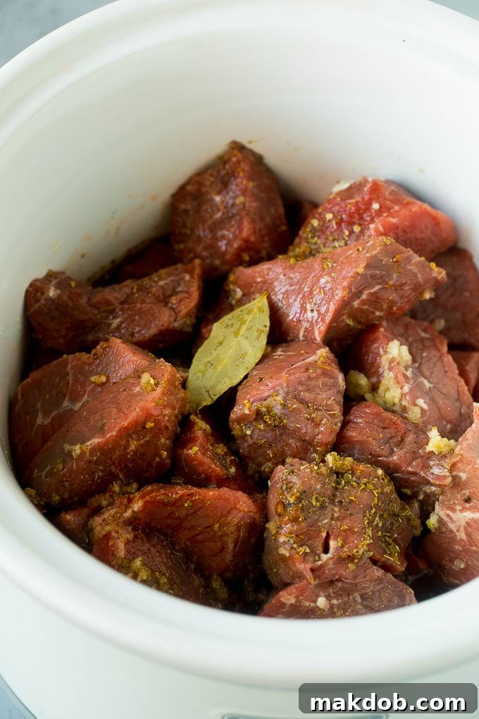 Slow Cooker Barbacoa | Beef Tacos | Crock Pot Beef Tacos #beef #tacos #crockpot #slowcooker #dinner #avocado #dinneratthezoo Chunks of beef tossed with beef broth, spices, and a bay leaf in a crock pot before cooking.