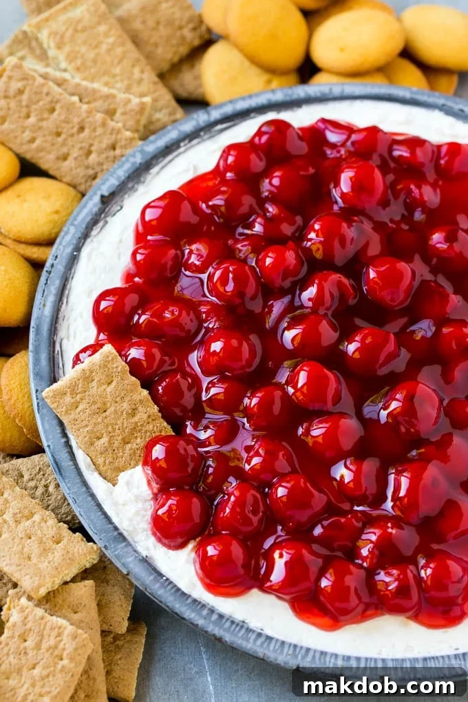 A plate of cherry cheesecake dip with a graham cracker in it.
