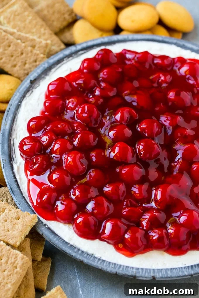 A plate of cherry cheesecake dip surrounded by graham crackers and cookies.