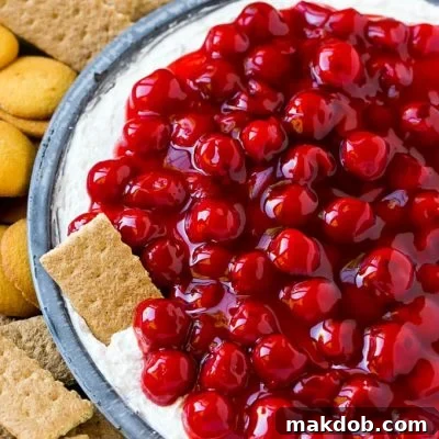 A plate of cherry cheesecake dip with a graham cracker in it.