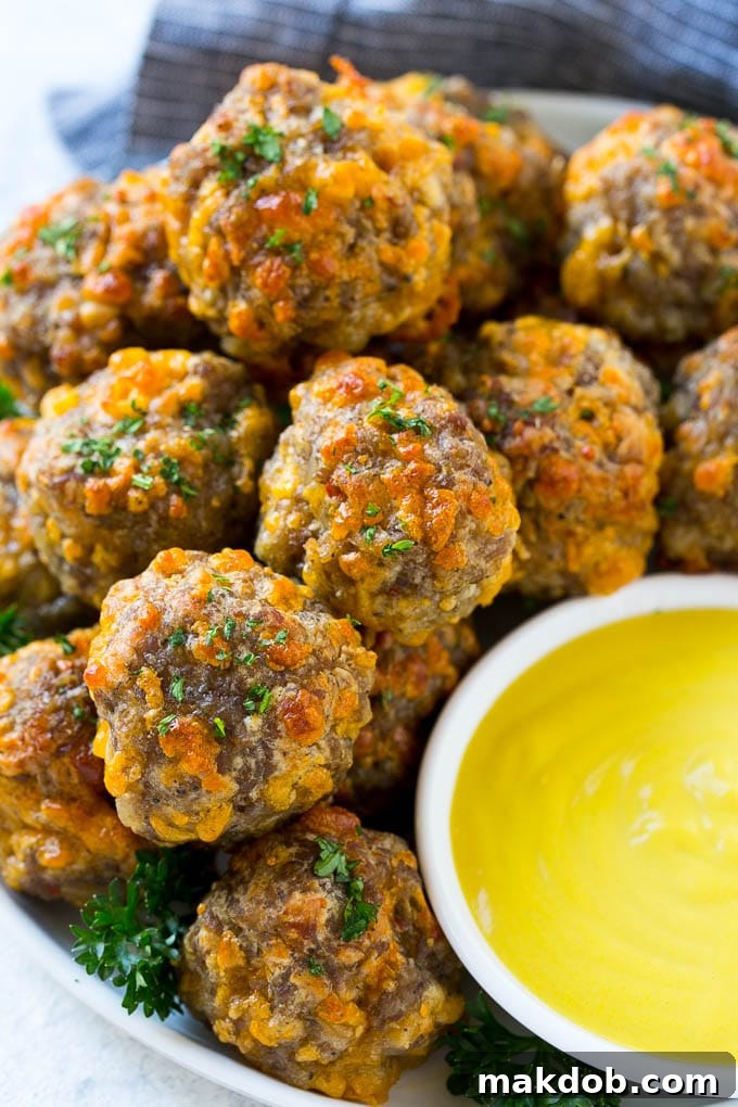 Sausage Cheese Balls Recipe | Sausage Balls Recipe | Bisquick Sausage Balls #sausage #sausageballs #balls #appetizer #cheeseballs #dinneratthezoo A platter of golden-brown sausage cheese balls served with honey mustard dipping sauce, perfect for any gathering.