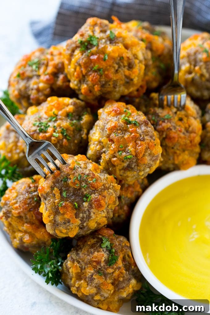 Sausage Cheese Balls Recipe | Sausage Balls Recipe | Bisquick Sausage Balls #sausage #sausageballs #balls #appetizer #cheeseballs #dinneratthezoo A plate of freshly baked sausage cheese balls garnished with parsley and ready for serving.