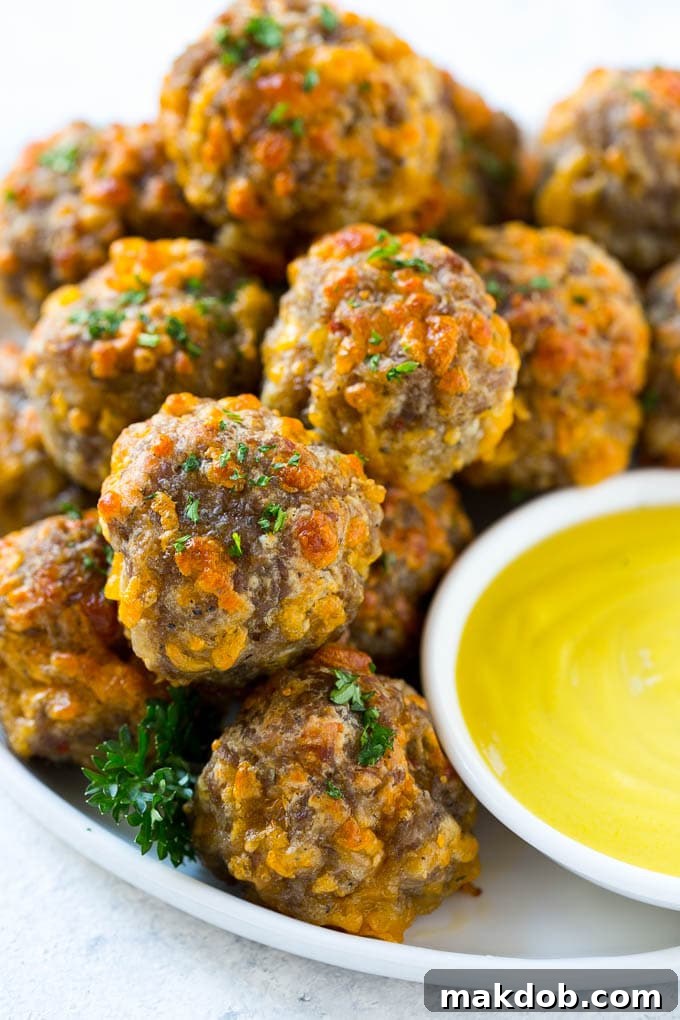 Sausage Cheese Balls Recipe | Sausage Balls Recipe | Bisquick Sausage Balls #sausage #sausageballs #balls #appetizer #cheeseballs #dinneratthezoo A generous pile of sausage cheese balls served alongside a small bowl of honey mustard dipping sauce.