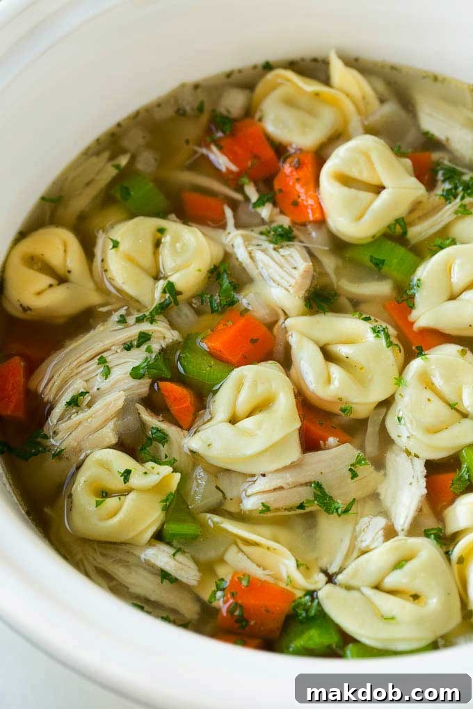 A slow cooker filled with hearty chicken tortellini soup, ready to be served.