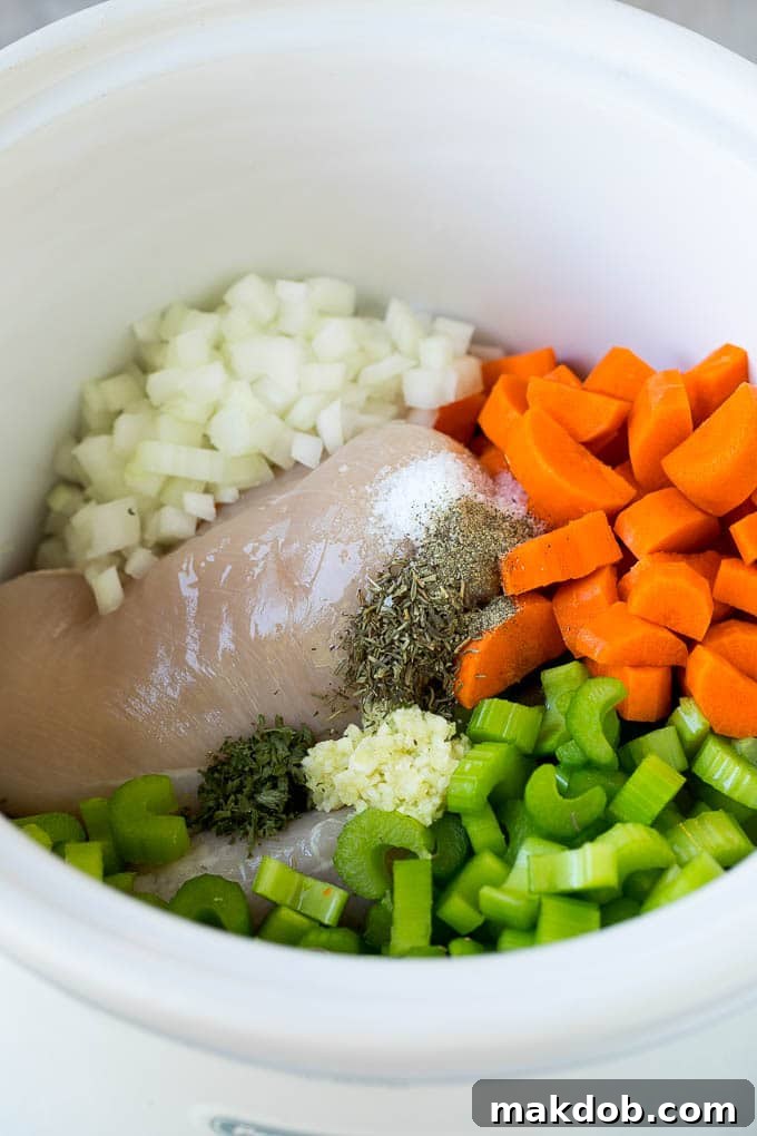A slow cooker containing diced chicken, carrots, celery, onion, and spices, ready for broth.