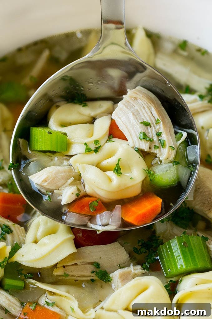 A ladle serving a generous portion of slow cooker chicken tortellini soup from the pot.