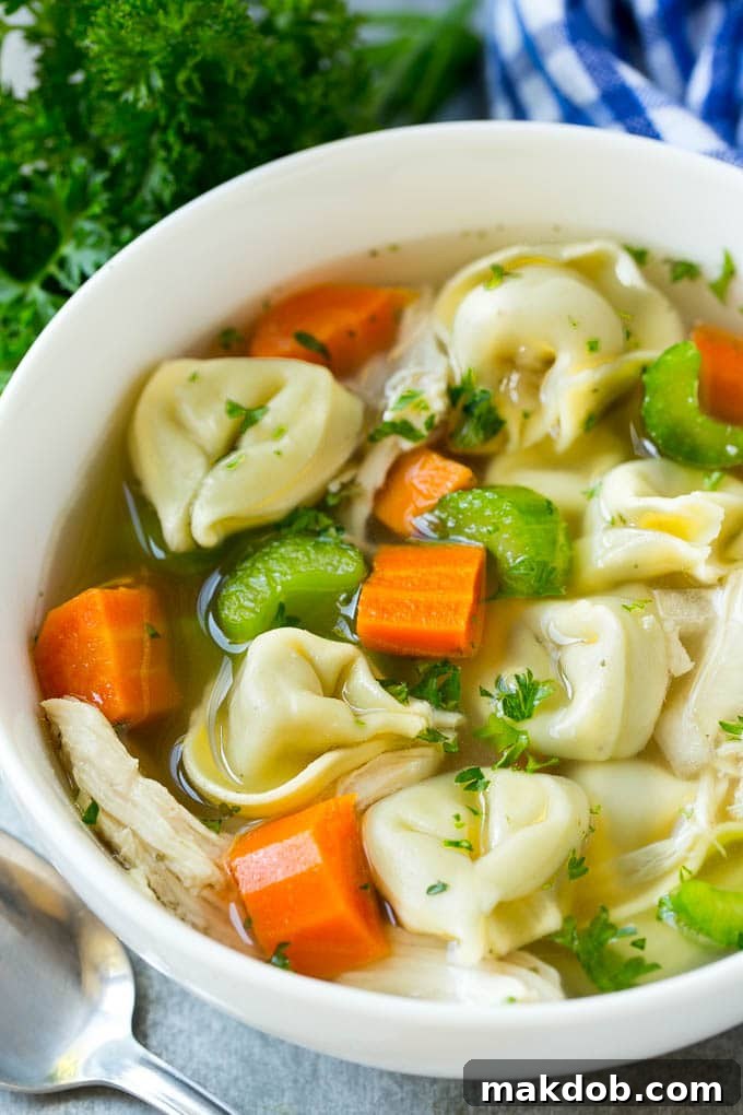 A steaming bowl of slow cooker chicken tortellini soup garnished with fresh parsley.