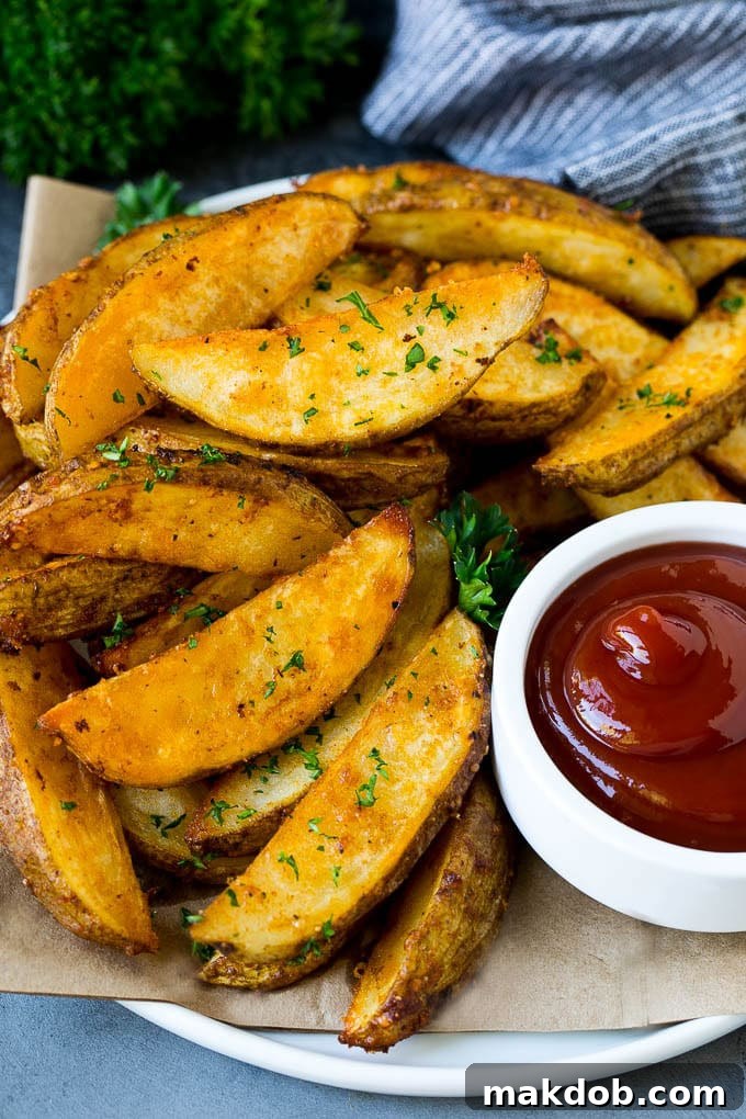 Baked potato wedges on a serving plate with a side of ketchup.