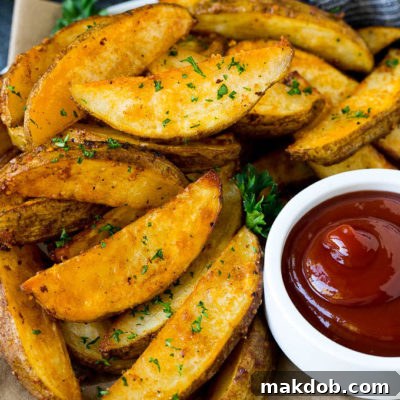 Baked potato wedges on a serving plate with a side of ketchup.