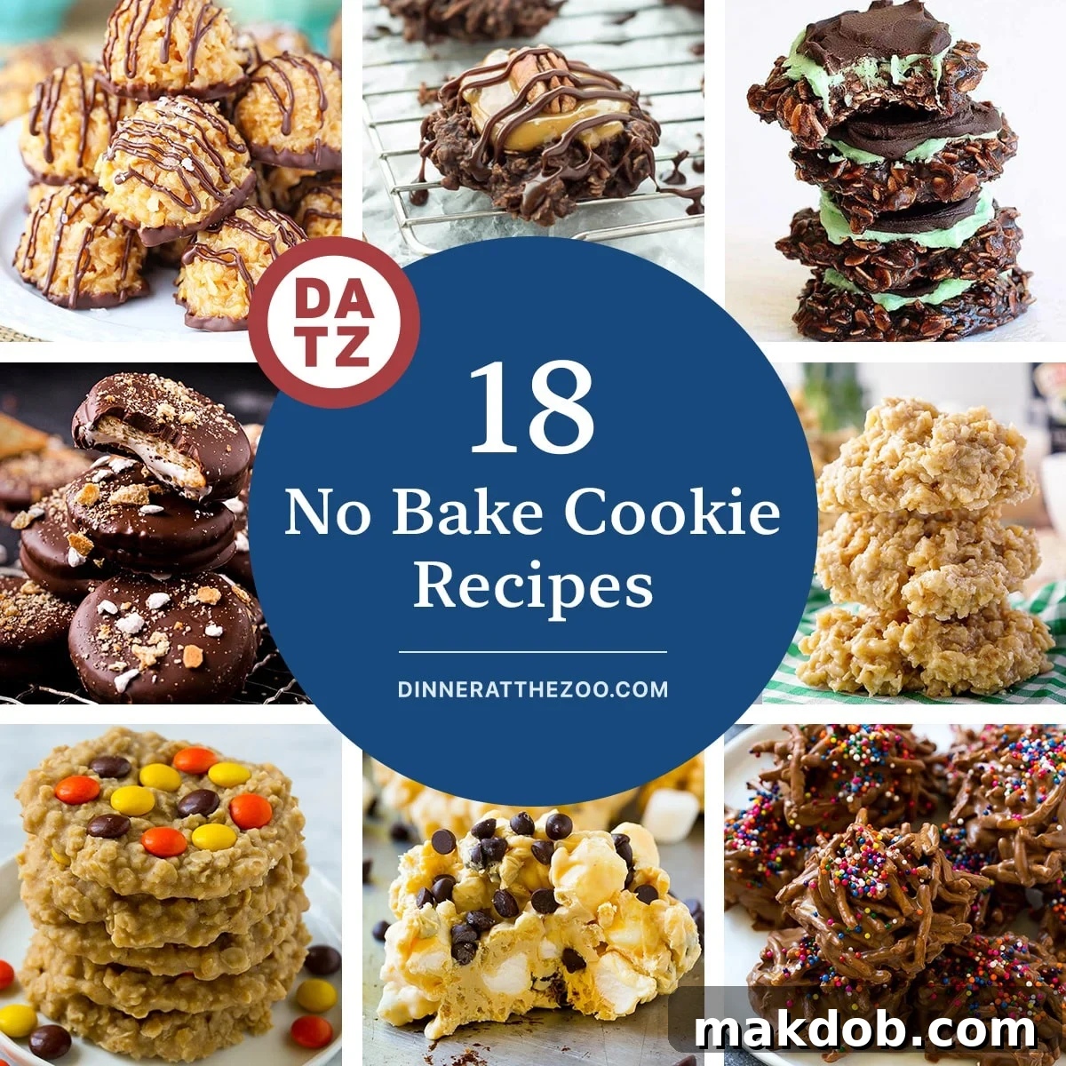 18 Effortless No-Bake Cookie Delights 2 A group of images of no bake cookie recipes like no bake peanut butter cookies, haystack cookies and caramel macaroons, showcasing a variety of textures and colors.