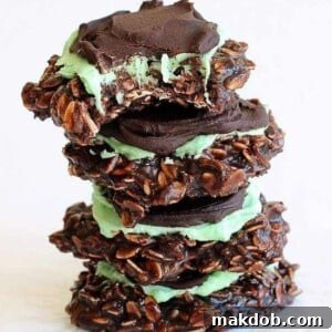 18 Effortless No-Bake Cookie Delights 11 An image of a stack of rich, fudgy mint chocolate no-bake cookies, perfectly layered for a delightful treat.
