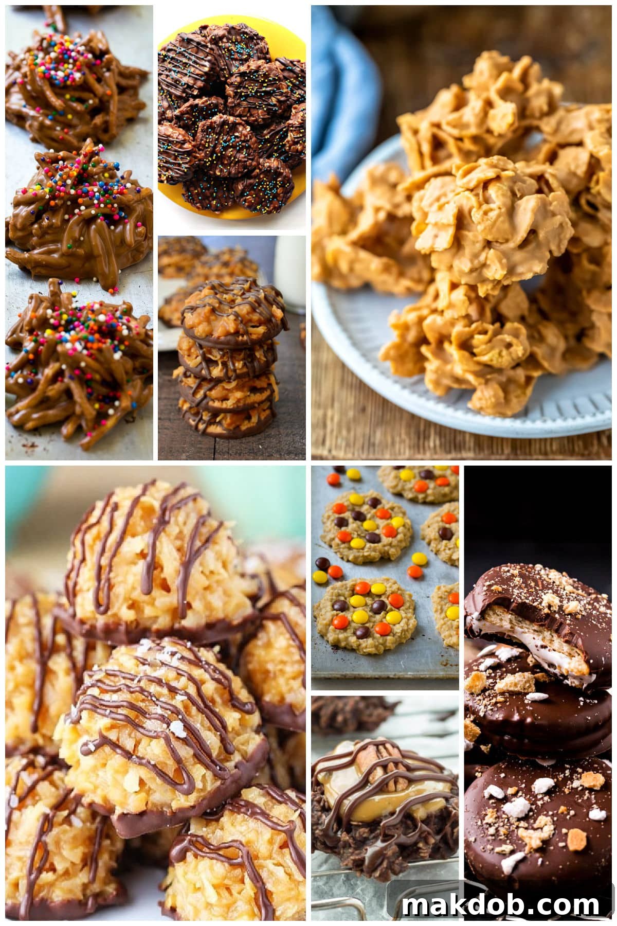 18 Effortless No-Bake Cookie Delights 14 A group of desserts made on the stove like haystack cookies, peanut butter cookies and smores cookies, arranged appealingly on various serving dishes.