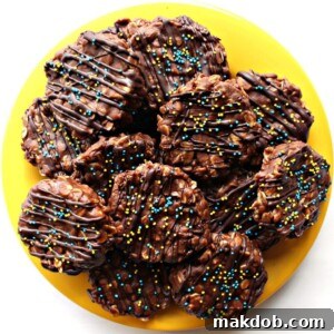 18 Effortless No-Bake Cookie Delights 16 An image of a plate full of deliciously chewy no-bake chocolate peanut butter banana cookies.