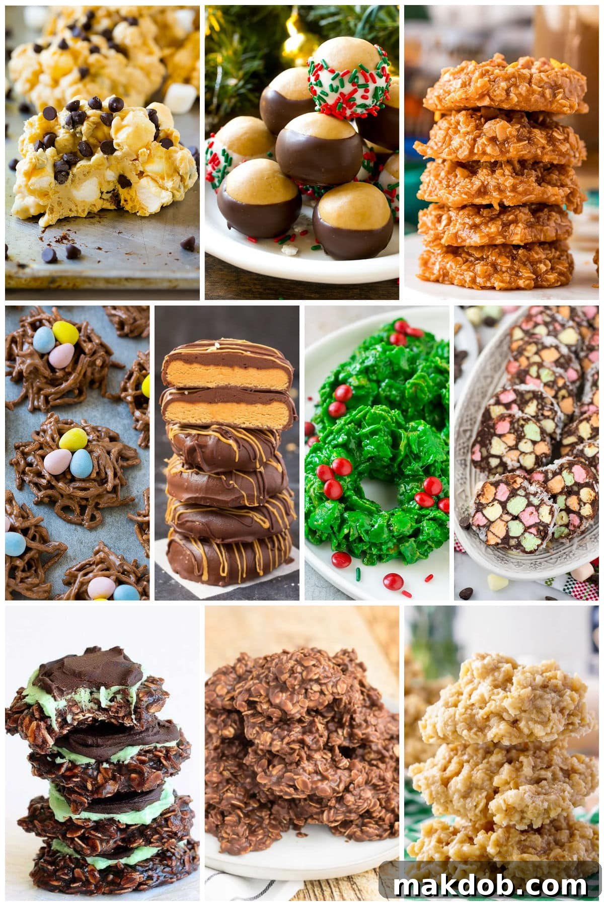 18 Effortless No-Bake Cookie Delights 3 A group of no bake cookie recipes like chocolate peanut butter cookies, buckeye balls, and church window cookies, displayed on various platters.