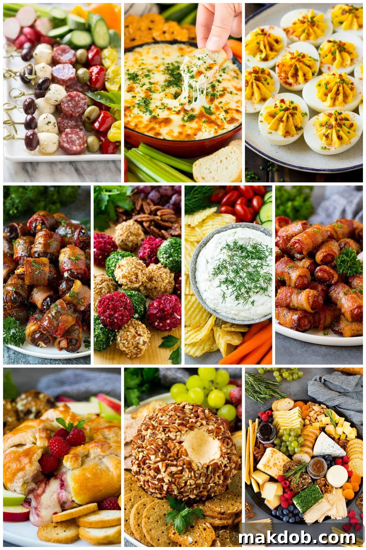 A collection of images of Thanksgiving appetizer recipes like a cheese ball, bacon deviled eggs and bacon wrapped dates.
