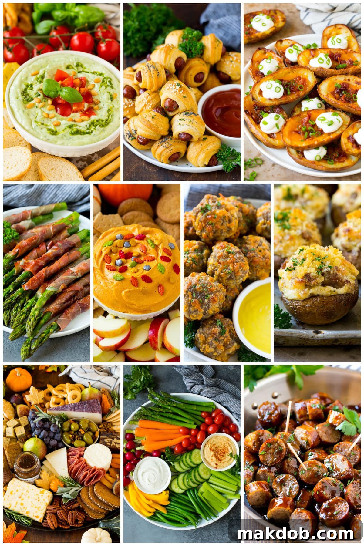 A collection of recipes for holiday snacks like potato skins, sausage cheese balls and a veggie tray.