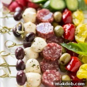 These antipasto skewers are an assortment of italian meats, cheeses, olives and vegetables threaded onto a stick for a super easy yet elegant appetizer.