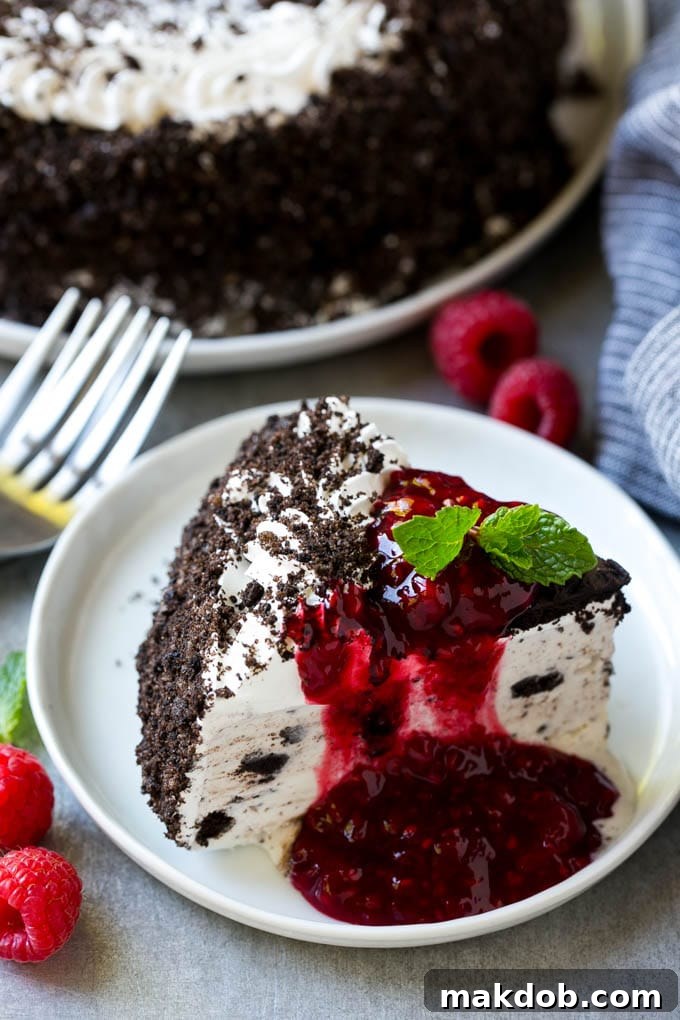 Homemade raspberry sauce elegantly draped over a slice of ice cream cake, showing its luxurious texture.