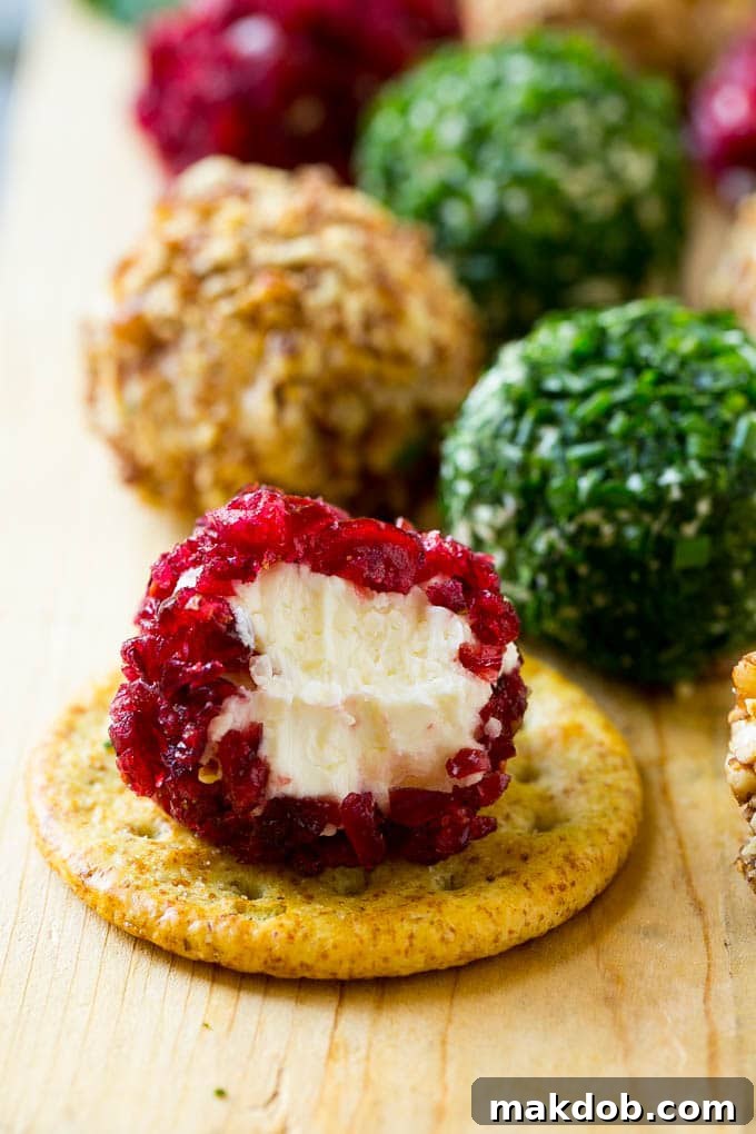 A perfectly formed cranberry-crusted cheese ball bite resting on a crisp cracker, ready to be enjoyed.