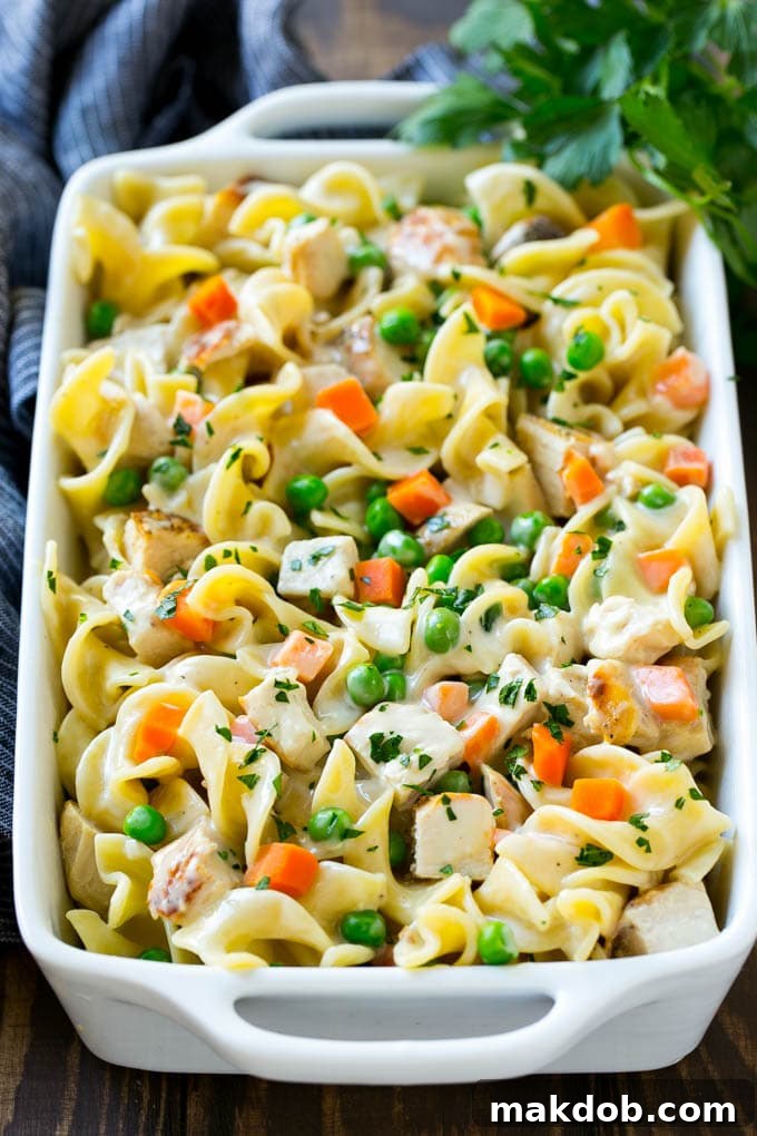 This chicken noodle casserole is diced chicken, veggies and egg noodles all in a creamy sauce.
