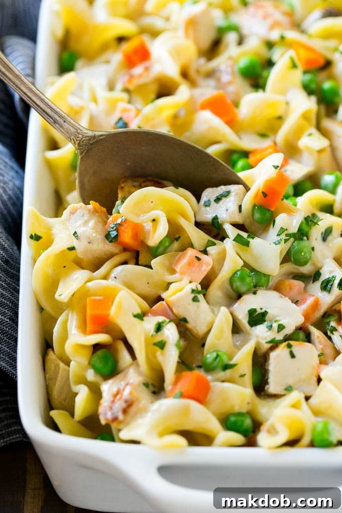 This simple chicken noodle casserole is a complete meal in one pan.