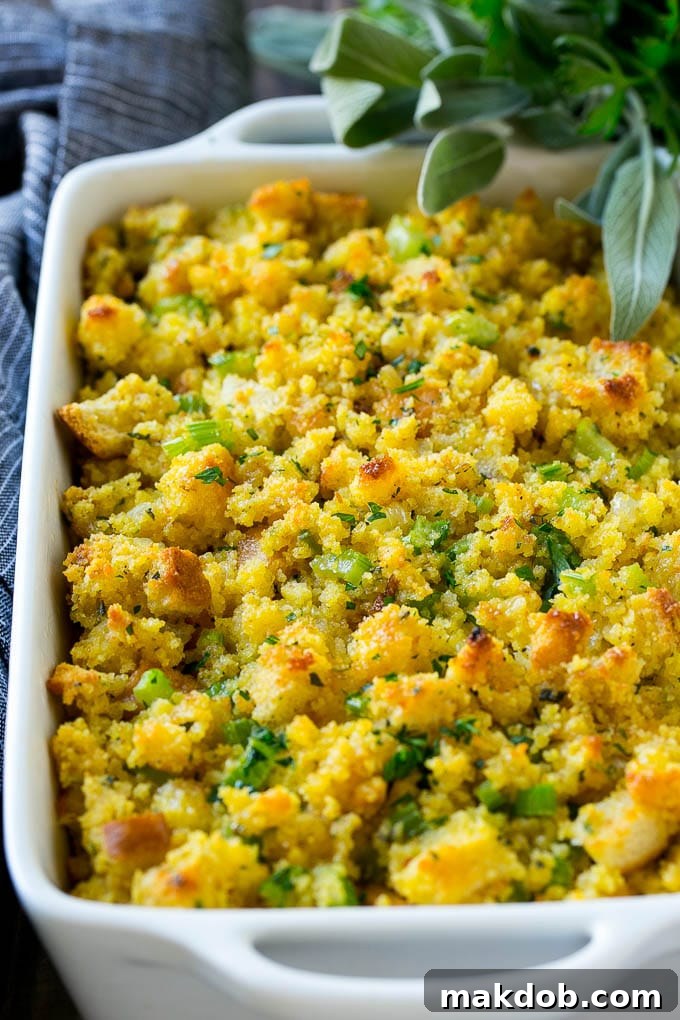 Grandma's Southern Cornbread Dressing 2 Southern Cornbread Dressing in a baking dish topped with chopped parsley.