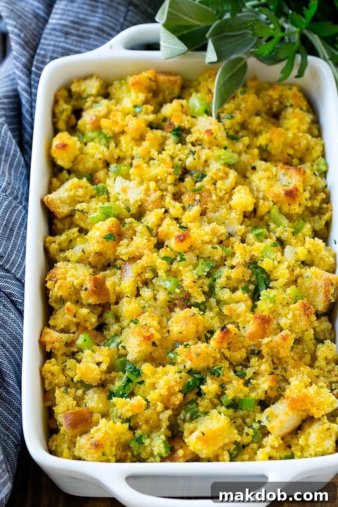 Grandma's Southern Cornbread Dressing 7 Cornbread Dressing in a white baking dish garnished with fresh herbs.
