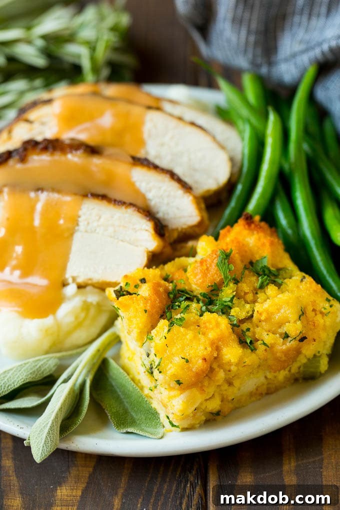 Grandma's Southern Cornbread Dressing 8 Cornbread stuffing served with turkey and green beans.