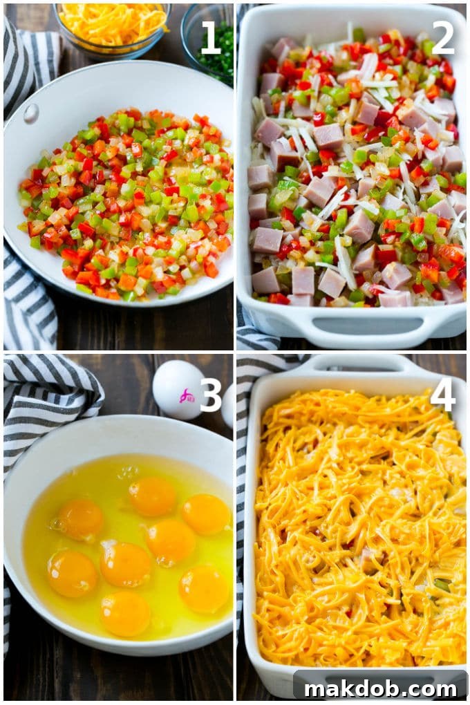 How to Make Hash Brown Egg Casserole: Step-by-Step Guide | Visual Recipe Process for Breakfast Bake Step-by-step process collage showing the preparation of the egg casserole, from ingredients to mixing and baking.