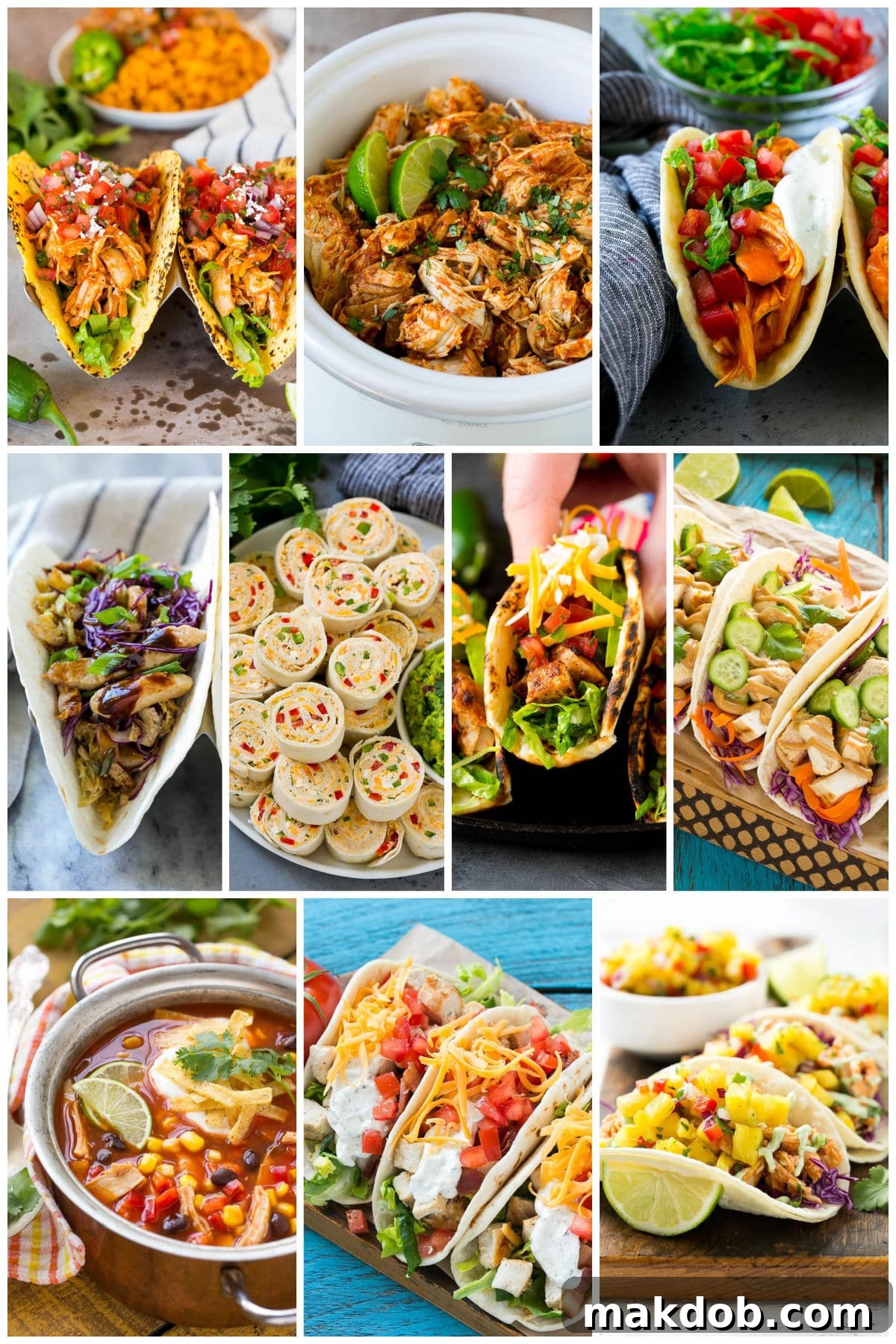 An appetizing display of various chicken taco recipes, including slow cooker chicken tacos, pulled chicken tacos, and a hearty taco soup, showcasing the wide range of options available.