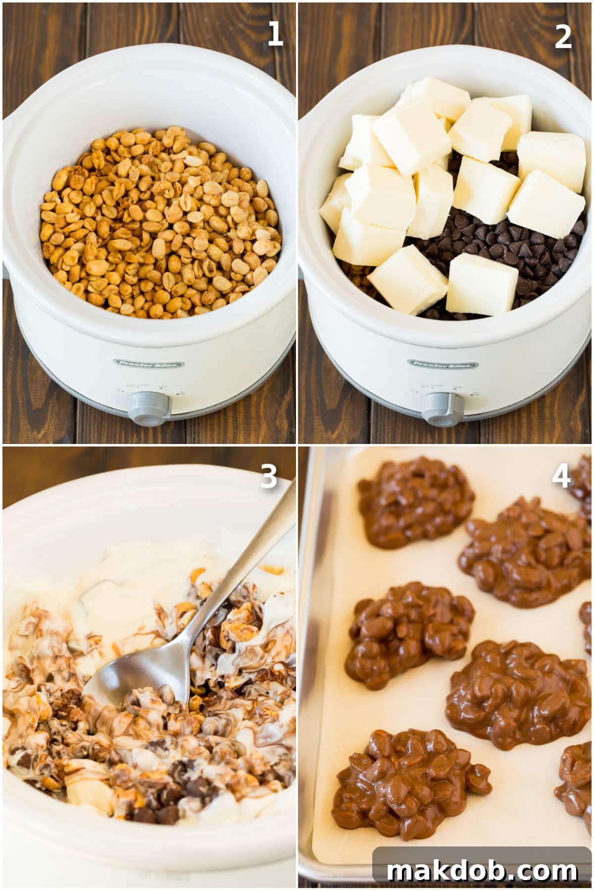 A visual guide with three distinct process shots demonstrating how to effortlessly create slow cooker chocolate peanut clusters, from layering ingredients to forming individual candies.