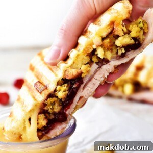 30 Creative Ways to Reinvent Leftover Turkey 11 An image of a pressed sandwich with turkey, cranberry and stuffing.