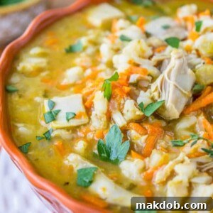 30 Creative Ways to Reinvent Leftover Turkey 15 An image of soup made with turkey and barley.