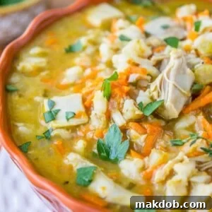 An image of soup made with turkey and barley.