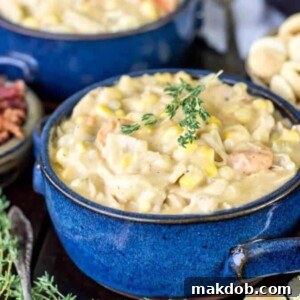 30 Creative Ways to Reinvent Leftover Turkey 16 An image of turkey chowder in blue bowls.