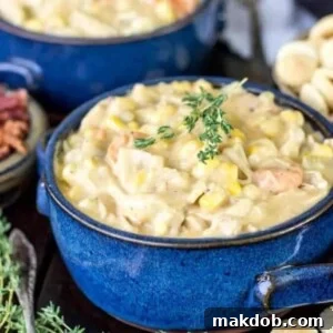 An image of turkey chowder in blue bowls.
