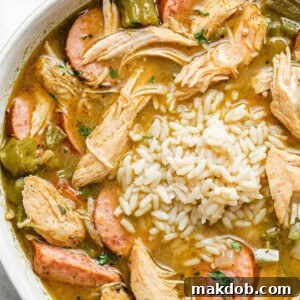 30 Creative Ways to Reinvent Leftover Turkey 17 An image of gumbo in a bowl made with turkey meat and sausage.