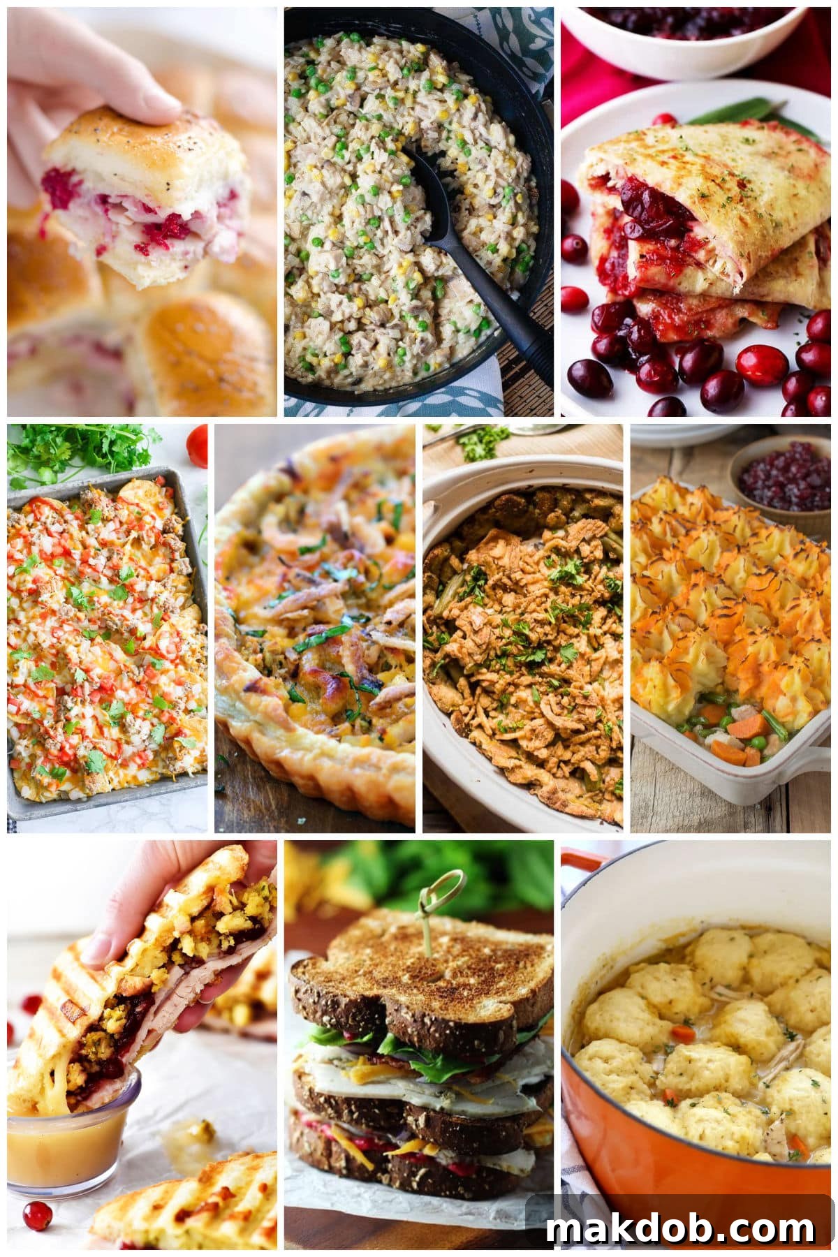 30 Creative Ways to Reinvent Leftover Turkey 3 A collection of images of leftover turkey recipes such as cranberry turkey quesadillas, turkey baked sliders and Thanksgiving pizza.