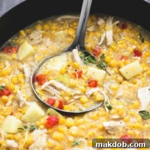 30 Creative Ways to Reinvent Leftover Turkey 20 An image of a ladle in a pot of turkey corn chowder.
