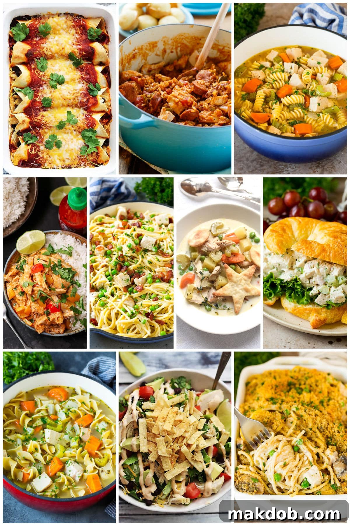 30 Creative Ways to Reinvent Leftover Turkey 24 A group of turkey meals like turkey pasta carbonara, turkey enchiladas and turkey curry.