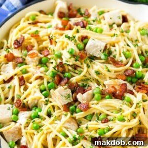 30 Creative Ways to Reinvent Leftover Turkey 29 A skillet of turkey pasta carbonara with peas and bacon in a creamy sauce.