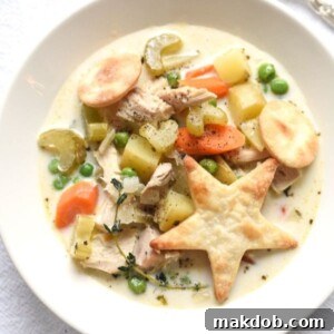 30 Creative Ways to Reinvent Leftover Turkey 30 An image of turkey pot pie soup in a bowl.