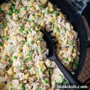 30 Creative Ways to Reinvent Leftover Turkey 5 An image of a pot of creamy turkey and rice with a spoon in it.