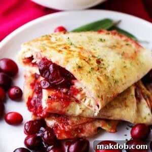 30 Creative Ways to Reinvent Leftover Turkey 6 An image of turkey and cranberry quesadillas on a plate with cranberries.