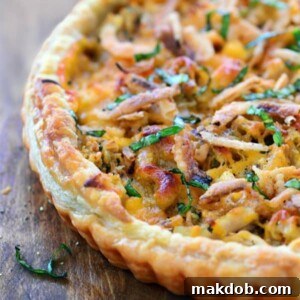 30 Creative Ways to Reinvent Leftover Turkey 8 A picture of a pizza with Thanksgiving leftovers as toppings.