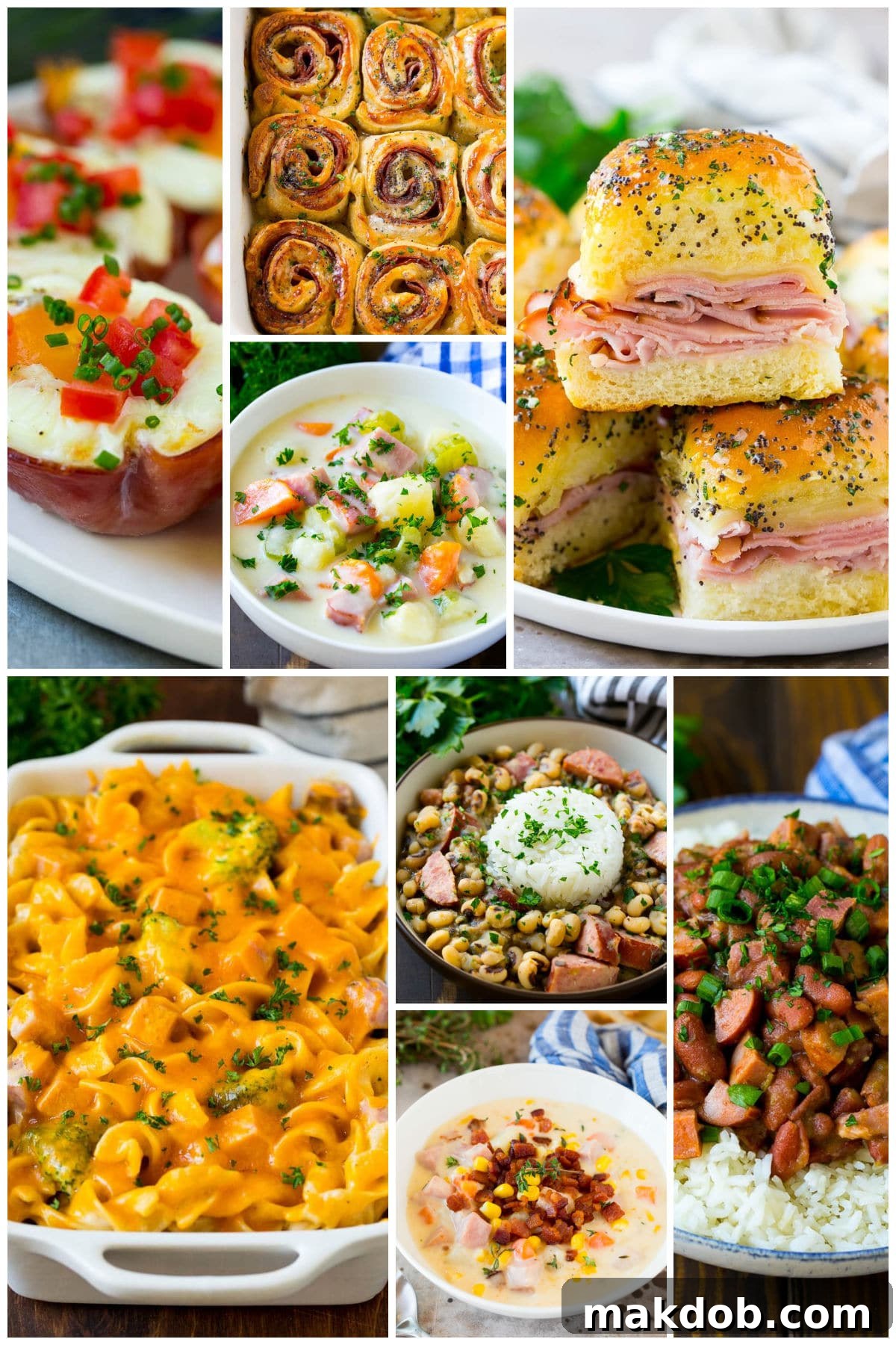 18 Savory Ways to Reinvent Leftover Ham 14 A collection of appealing ham recipes, including savory ham sliders, comforting ham and potato soup, and delightful ham and egg cups.