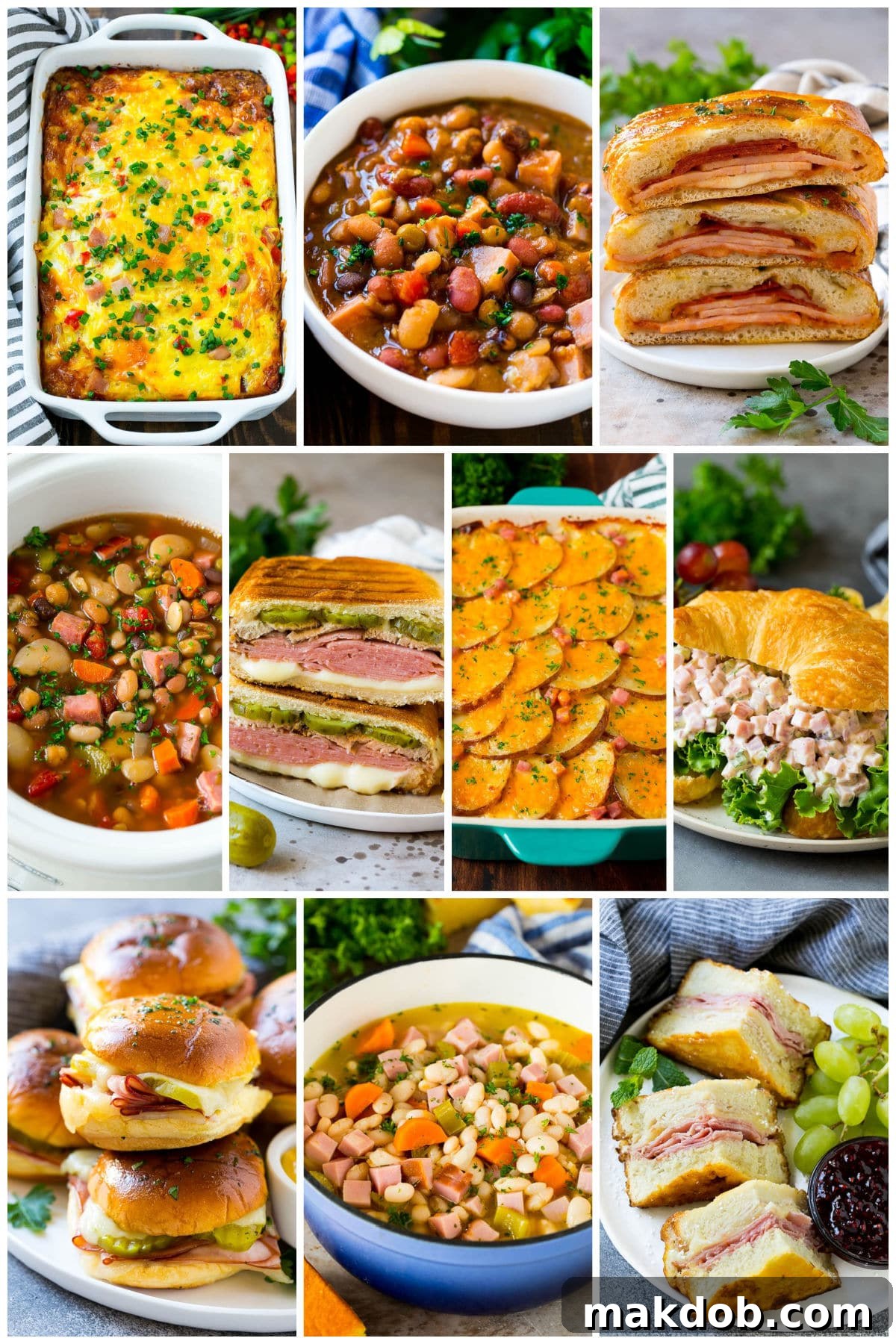 18 Savory Ways to Reinvent Leftover Ham 3 A curated collection of delightful leftover ham recipes, showcasing versatile options like comforting soups, hearty sandwiches, and easy-to-make casseroles.